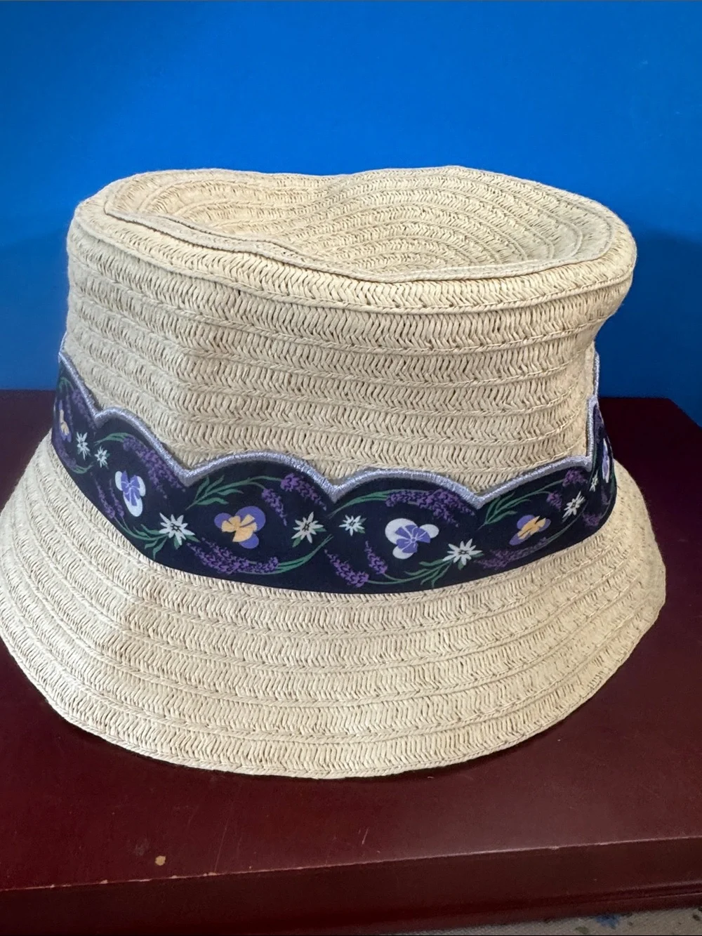 Disney Natural Straw Bucket Hat with Purple Floral Band. NWT